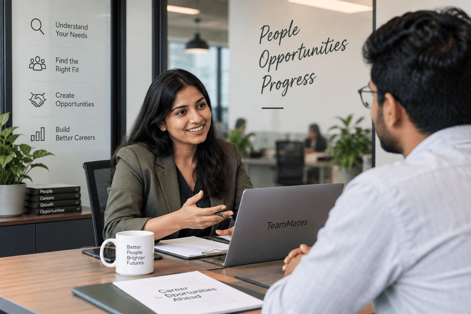 Recruitment professional meeting with a candidate in a modern workplace